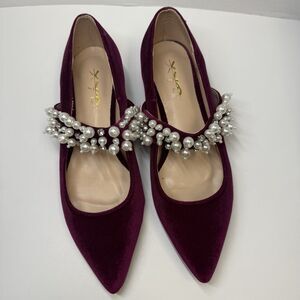 XYD Pointy Toe Faux Pearl Strap Velvet Flat Mary Jane Shoes Sz 7.5 Burgundy New